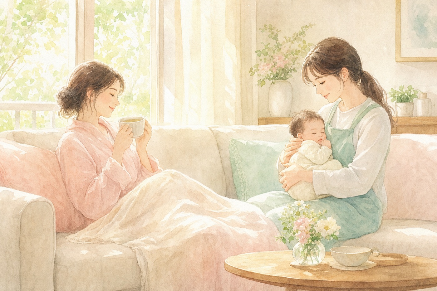 赤ちゃんを抱くママとシッターの水彩イラスト