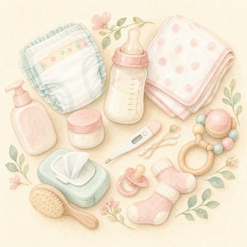 赤ちゃんのお世話グッズの水彩イラスト