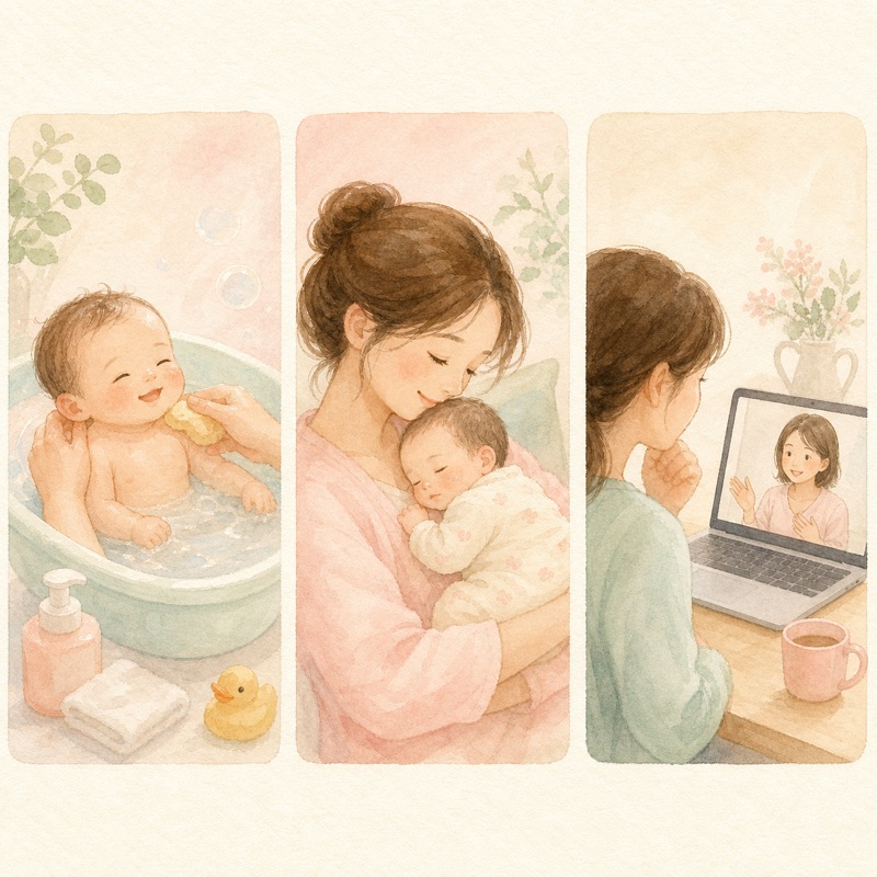 沐浴・抱っこ・オンライン相談の3コマ水彩イラスト